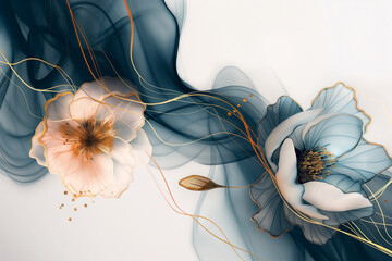 Abstract light pink and blue floral art with gold accents