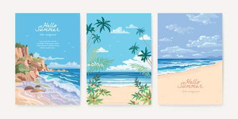 Set of beautiful summer beach sea resort background design template for poster, flyer, web banner, cover, booklets and greeting card. Tropical landscape. Vector illustration