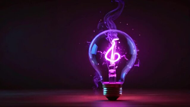 There is a light bulb with a purple glowing filament in the shape of a treble clef.