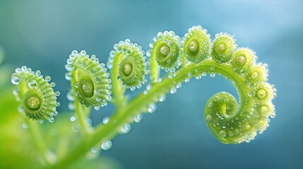 A high-quality widescreen image of a bright green fern frond unfurling, covered with glistening dew drops. The style is realistic and vibrant, highlighting the freshness of nature