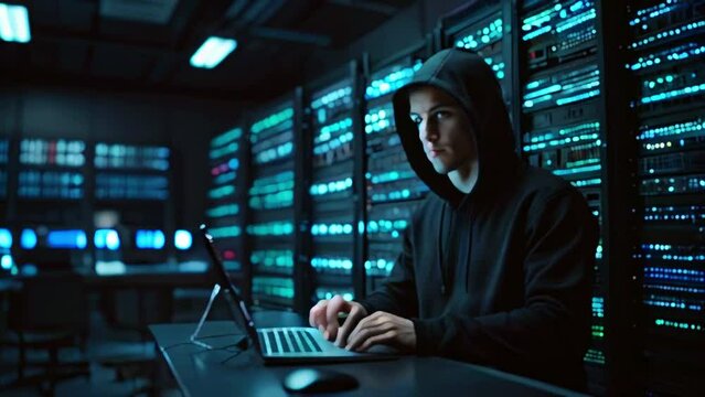 A hacker in a dark hoodie is sitting in a dark room with many computer servers. The person is typing on a laptop.