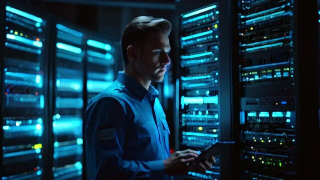 A IT specialist is standing in a dark room in front of a server rack. He is wearing a blue shirt and holding a tablet.