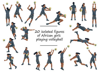 Black African women's volleyball girl players in black sports equipment training, running, jumping, throwing, hitting the ball
