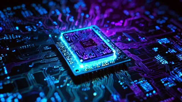 A close-up of a computer chip with blue and purple lighting.