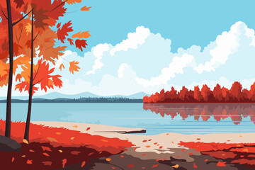 Autumn landscape on the bank of a beautiful river. Autumn trees against the backdrop of a pond. Beautiful cloudy sky. Colorful trees and shrubs with deciduous leaves. Autumn season vector illustration