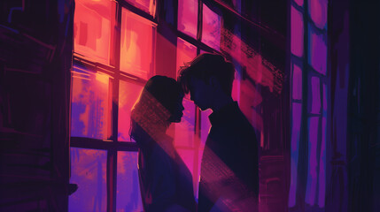 Illustration of a couple falling in love near a window with the city reflecting in the glass