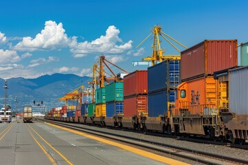 Obraz premium Rail Freight: A Long Train Loaded with Shipping Containers