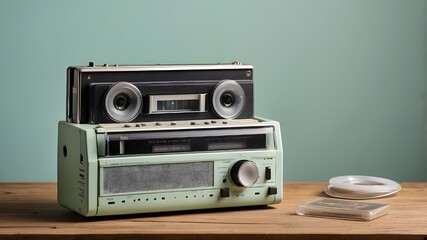 Obraz premium An old-fashioned picture of an antiquated portable cassette tape recorder from the 1980s shown on a wooden table next to a mint-colored wall