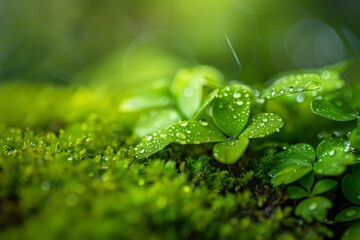 Closeup of water droplets on vibrant green leaves with soft bokeh background