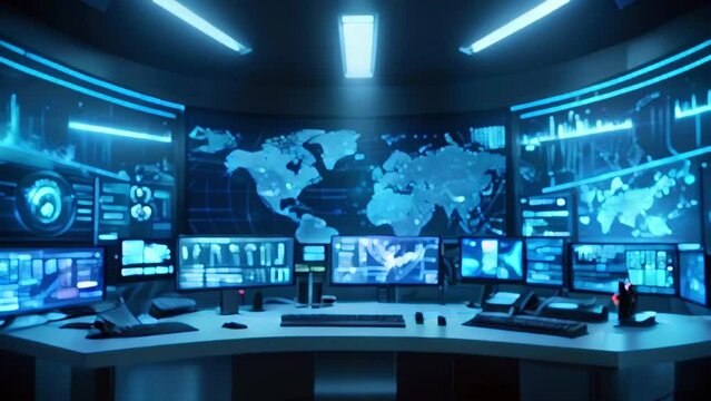 A futuristic command center with multiple screens displaying a world map, charts, and graphs.