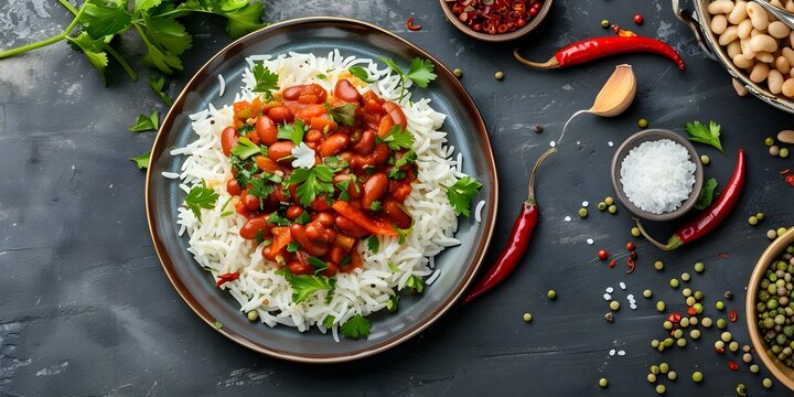 Plate of rajma chawal red kidney beans curry with basmati rice. Concept Indian cuisine, Red kidney beans curry, Basmati rice, Traditional meal, Food photography