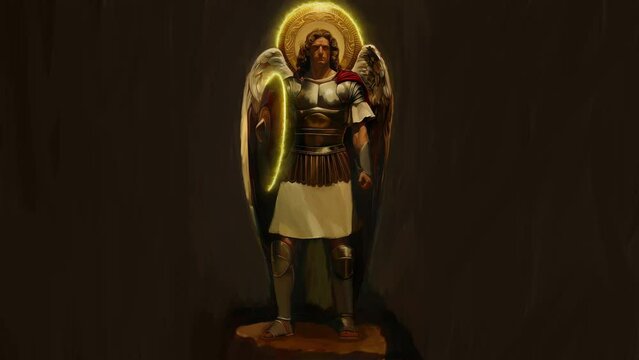 St Archangel Michael statue, oil painting figure drawing illustration, concept art, horizontal 4K UHD wallpaper format for social media