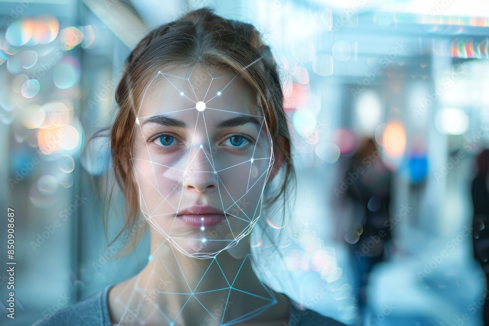 Poster conceptual image of facial recognition system mapping a young woman's face in a crowded environment