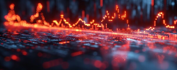 An abstract image of a red digital cityscape with grid lines that evoke the concept of financial market data and city planning