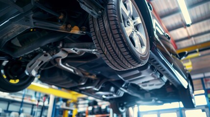 Close-up of Car Underside Being Lifted in Vulcaniser Shop for Maintenance and Repair, Highlighting Automotive Service and Workshop Equipment