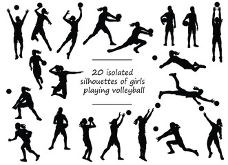 Black silhouettes of women's volleyball girl players training, running, jumping, throwing, hitting, catching the ball