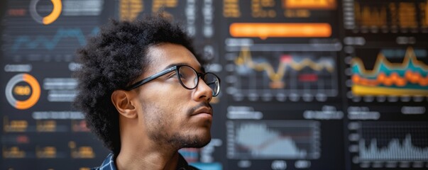 Serious young man observes projected data analytics on a futuristic transparent screen interface