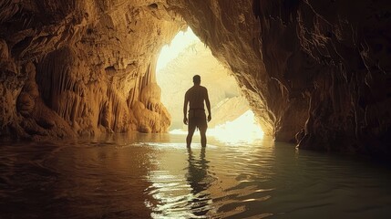 Fototapeta premium A lone figure stands in a cave, illuminated by a bright light at the entrance. The water reflects the light, creating a serene atmosphere.