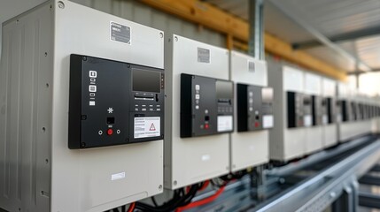 A row of electrical boxes are lined up on a wall