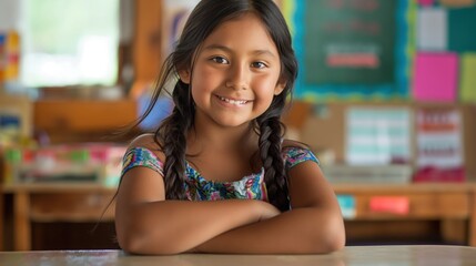 Smiling Native American Elementary School Girl in Classroom Setting for Educational Themes and Diversity Representation