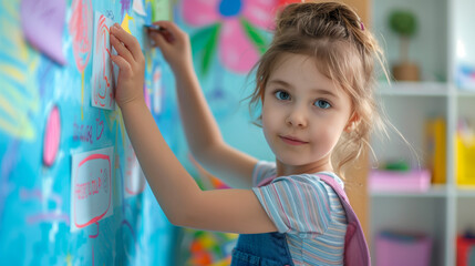 Young girl is looking towards the camera while hanging up her drawing at school