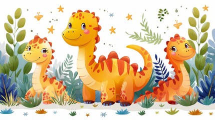 Happy family of dinosaurs standing in lush vegetation