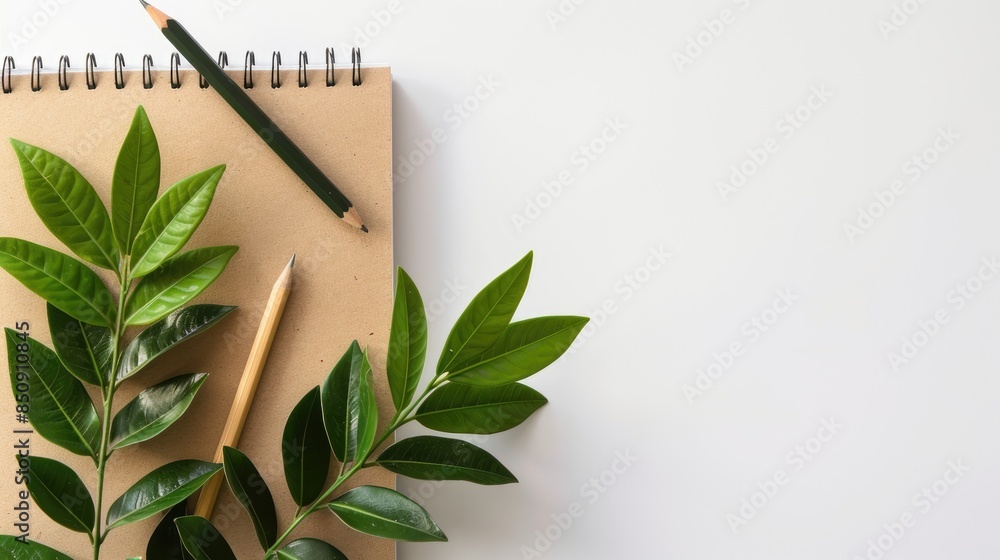 Poster spiral notebook and pencil from above on white background for mockup design educational and business