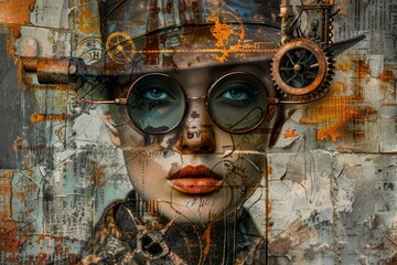 Digital art of a woman with steampunk goggles and a grunge texture backdrop