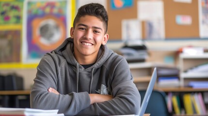 Obraz premium Smiling Hispanic Male High School Student in Classroom, Education, Teen, Technology in Learning Environment