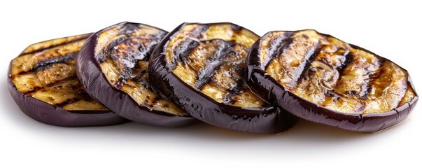 Delicious grilled eggplant slices isolated on white background