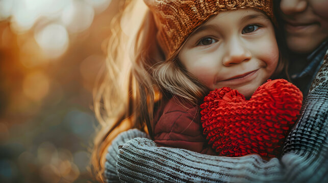 Loving Parent Embracing Child with Heart Symbol and Copy Space concept in a Tender Moment