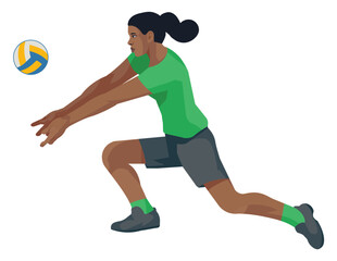 African women's volleyball girl player in green t-shirt who hits the ball from below