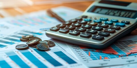 Accountant desk with calculator, pen and coins.