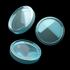 Glass 3d coins dispersion render in different angles on black background