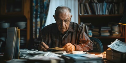 An old man is looking at a photo from the past in his hand. He is sitting at a desk in his home, surrounded by books and papers.