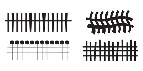 Black wooden fence silhouette isolated on white background. Decorative wood picket fence section design. Vector flat black garden picket fence design.