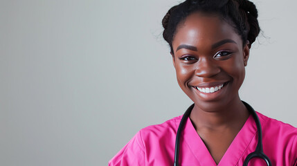 african american black nurse in pink scrubs smiling