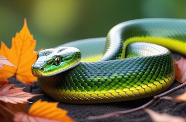 Obraz premium close up of green snake on autumn background