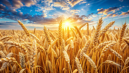 Naklejka premium A field of ripe wheat stalks sway gently in the warm breeze as the sun sets behind a stunning blue sky with clouds