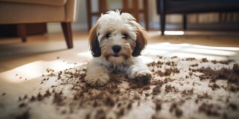 Dirty dog stains carpet needs deep cleaning and odor removal services. Concept Carpet Cleaning, Odor Removal, Deep Cleaning Services, Pet Stains, Professional Cleaning