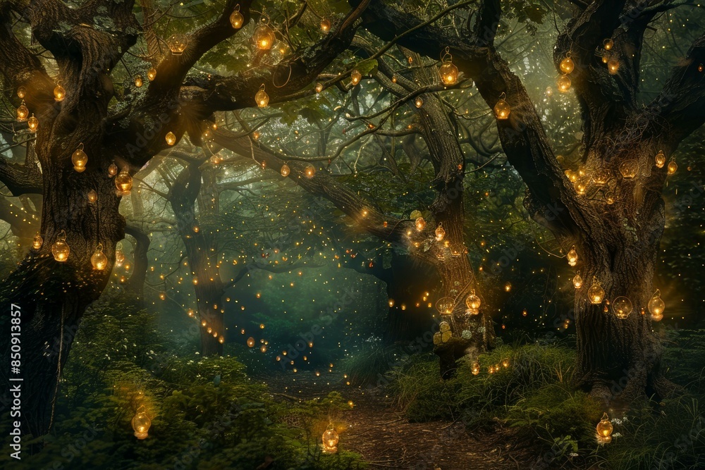 Wall mural magical and enchanting path through the ancient woodland with glowing lights, creating a mysterious 