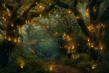 Magical and enchanting path through the ancient woodland with glowing lights, creating a mysterious and tranquil atmosphere at dusk, perfect for fairytale photography and ethereal nightfall scenes
