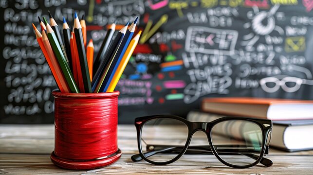 colorful pencils in pencil holder, black glasses on top of book and chalkboard with math equations background, white wooden desk