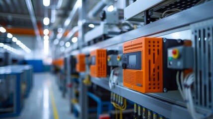 A large industrial building with many white electrical boxes on the walls