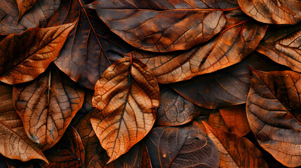 Abstract background of brown colored leaves of different sizes with veins