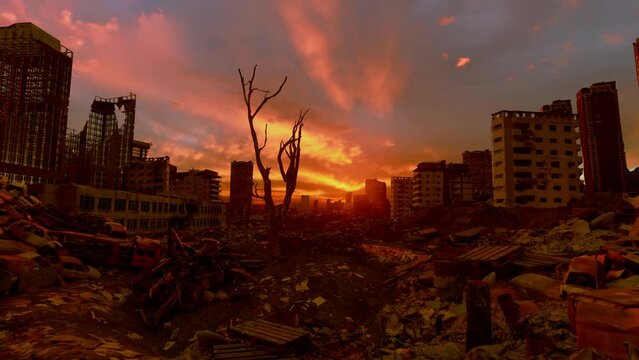 Deserted Demolished City Buildings, After War, Sunset Time