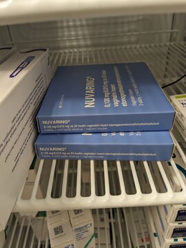 Prague, Czech Republic - June 28 2024: NUVARING box of medication with etonogestrel and ethinyl estradiol active substances by Merck, used as a contraceptive method and hormone replacement therapy in 
