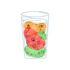 Glass, fruit juice. Food and drink, vegetarian healthy eating. Cocktail, smoothie with lemons, berries, oranges, mint leaf. Drawing, doodle. Vector illustration. © Olga