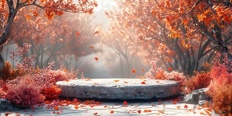 A serene autumn forest scene with a stone podium adorned with fallen leaves, bathed in warm...