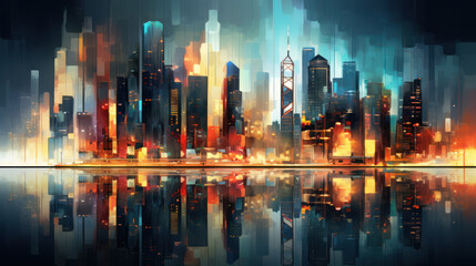 Obraz premium Abstract Cityscape Skyline at Night, with illuminated skyscrapers. Cityscape painting. Water reflection. Generative AI